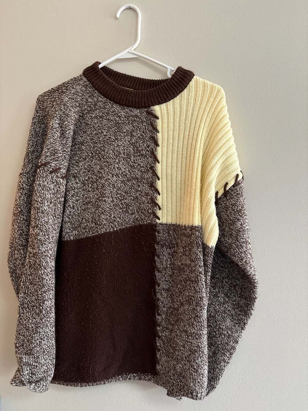 Vintage Corner Stone Brown and Cream Patchwork Colorblock Knit Sweater Size Larg